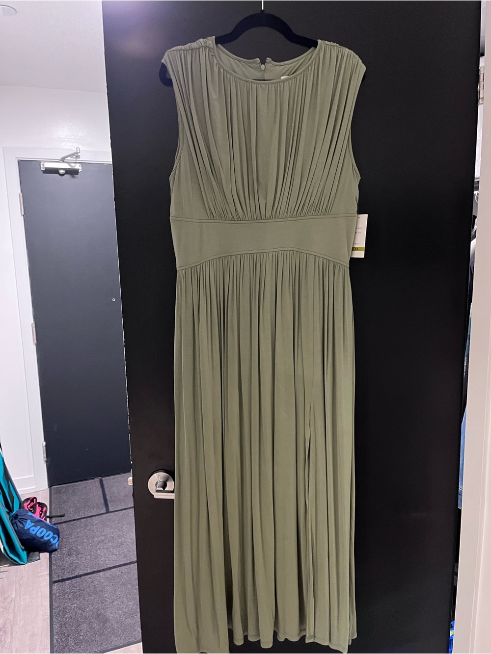 Sleeveless Olive Green Pleated Maxi Dress